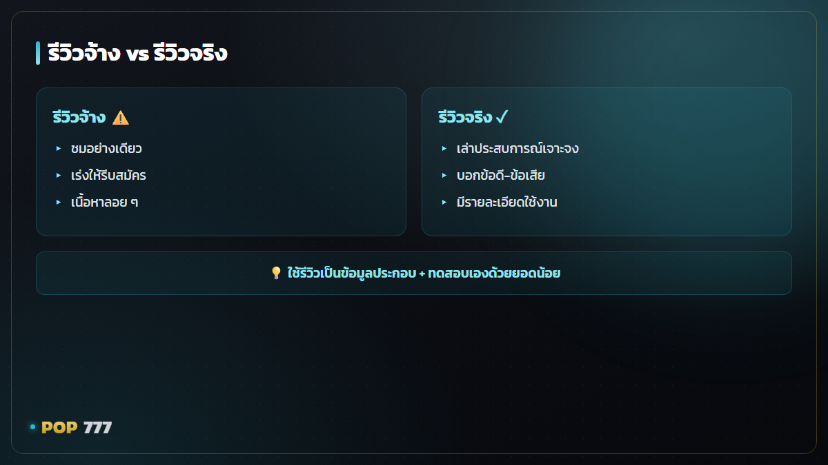 อ่านรีวิวเว็บสล็อตให้เป็น แยกรีวิวจริงออกจากรีวิวจ้างก่อนเชื่อ อินโฟกราฟิก